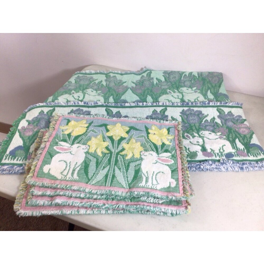 Vintage Easter Rabbit Placemats and 2 Table Runners Woven